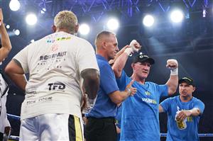 SYDNEY, AUSTRALIA - DECEMBER 16: Paul Gallen celebrates victory over Mark Hunt during the Main Event fight prior to the light-middleweight World Title elimination bout between Tim Tszyu and Bowyn Morgan at Bankwest Stadium on December 16, 2020 in Sydney, Australia. (Photo by Brett Hemmings/Getty Images)