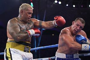 SYDNEY, AUSTRALIA - DECEMBER 16: Paul Gallen and Mark Hunt compete during the Main Event fight prior to the light-middleweight World Title elimination bout between Tim Tszyu and Bowyn Morgan at Bankwest Stadium on December 16, 2020 in Sydney, Australia. (Photo by Brett Hemmings/Getty Images)