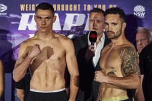 SYDNEY, AUSTRALIA - DECEMBER 15: Tim Tszyu and Bowyn Morgan face off during the weigh in ahead of Sydney Super Fight, at Taronga Zoon on December 15, 2020 in Sydney, Australia. (Photo by Brett Hemmings/Getty Images)