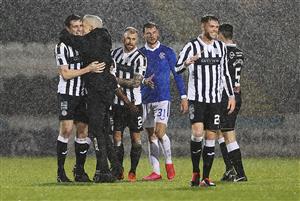 PAISLEY, SCOTLAND - DECEMBER 16: St Mirren manager Jim Goodwin celebrates with Joe Shaughnessy at the end of the match during the Betfred Cup Quarter-Final match between St Mirren and Rangers at The Simple Digital Arena on December 16, 2020 in Paisley, Scotland. The match will be played without fans, behind closed doors as a Covid-19 precaution. (Photo by Ian MacNicol/Getty Images)