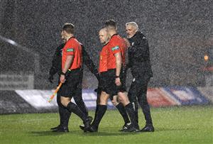 PAISLEY, SCOTLAND - DECEMBER 16: Jim Goodwin, Manager of St Mirren talks to referee David Dickinson during the Betfred Cup Quarter-Final match between St Mirren and Rangers at The Simple Digital Arena on December 16, 2020 in Paisley, Scotland. The match will be played without fans, behind closed doors as a Covid-19 precaution. (Photo by Ian MacNicol/Getty Images)