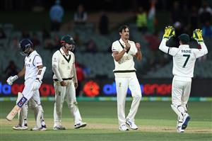ADELAIDE, AUSTRALIA - DECEMBER 17: Mitchell Starc of Australia celebrates the wicket of Ajinkya Rahane of India for 42 runs during day one of the First Test match between Australia and India at Adelaide Oval on December 17, 2020 in Adelaide, Australia. (Photo by Ryan Pierse/Getty Images)
