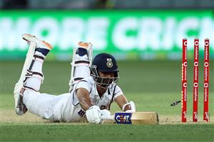 ADELAIDE, AUSTRALIA - DECEMBER 17: Ajinkya Rahane of India avoids a run-out during day one of the First Test match between Australia and India at Adelaide Oval on December 17, 2020 in Adelaide, Australia. (Photo by Cameron Spencer/Getty Images)