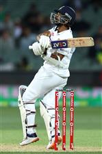 ADELAIDE, AUSTRALIA - DECEMBER 17: Ajinkya Rahane of India hits a six during day one of the First Test match between Australia and India at Adelaide Oval on December 17, 2020 in Adelaide, Australia. (Photo by Cameron Spencer/Getty Images)