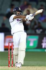 ADELAIDE, AUSTRALIA - DECEMBER 17: Ajinkya Rahane of India hits a six during day one of the First Test match between Australia and India at Adelaide Oval on December 17, 2020 in Adelaide, Australia. (Photo by Ryan Pierse/Getty Images)