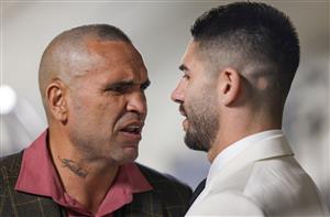 MELBOURNE, AUSTRALIA - DECEMBER 18: Anthony Mundine (left) and Michael Zerafa (right) exchange words during the media opportunity at Doherty's City Gym on December 18, 2020 in Melbourne, Australia. (Photo by Jonathan DiMaggio/Getty Images)