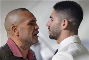 MELBOURNE, AUSTRALIA - DECEMBER 18: Anthony Mundine (left) and Michael Zerafa (right) exchange words during the media opportunity at Doherty's City Gym on December 18, 2020 in Melbourne, Australia. (Photo by Jonathan DiMaggio/Getty Images)