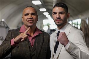 MELBOURNE, AUSTRALIA - DECEMBER 18: Anthony Mundine (left) and Michael Zerafa (right) poses for a photo during the media opportunity at Doherty's City Gym on December 18, 2020 in Melbourne, Australia. (Photo by Jonathan DiMaggio/Getty Images)