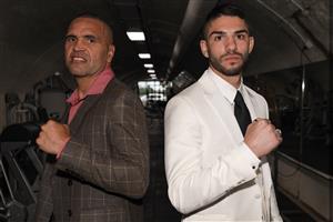 MELBOURNE, AUSTRALIA - DECEMBER 18: Anthony Mundine (left) and Michael Zerafa (right) poses for a photo during the media opportunity at Doherty's City Gym on December 18, 2020 in Melbourne, Australia. (Photo by Jonathan DiMaggio/Getty Images)