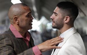 MELBOURNE, AUSTRALIA - DECEMBER 18: Anthony Mundine (left) and Michael Zerafa (right) exchange words during the media opportunity at Doherty's City Gym on December 18, 2020 in Melbourne, Australia. (Photo by Jonathan DiMaggio/Getty Images)