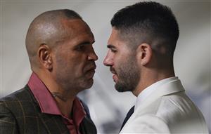 MELBOURNE, AUSTRALIA - DECEMBER 18: Anthony Mundine (left) and Michael Zerafa (right) exchange words during the media opportunity at Doherty's City Gym on December 18, 2020 in Melbourne, Australia. (Photo by Jonathan DiMaggio/Getty Images)