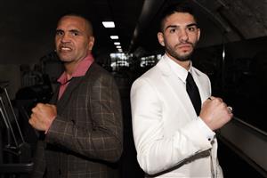 MELBOURNE, AUSTRALIA - DECEMBER 18: Anthony Mundine (left) and Michael Zerafa (right) poses for a photo during the media opportunity at Doherty's City Gym on December 18, 2020 in Melbourne, Australia. (Photo by Jonathan DiMaggio/Getty Images)