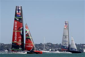AUCKLAND, NEW ZEALAND - DECEMBER 17: Emirates Team New Zealand skippered by Peter Burling race against New York Yacht Club American Magic, skippered by Terry Hutchinson in the fourth race of the America's Cup World Series on Auckland Harbour on December 17, 2020 in Auckland, New Zealand. (Photo by Phil Walter/Getty Images)