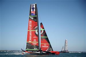AUCKLAND, NEW ZEALAND - DECEMBER 17: Emirates Team New Zealand skippered by Peter Burling race against New York Yacht Club American Magic, skippered by Terry Hutchinson in the fourth race of the America's Cup World Series on Auckland Harbour on December 17, 2020 in Auckland, New Zealand. (Photo by Phil Walter/Getty Images)