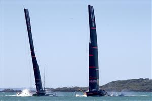 AUCKLAND, NEW ZEALAND - DECEMBER 17: Luna Rossa Prada Pirelli Team, skippered by Max Sirena against INEOS Team UK, skippered by Ben Ainslie in the third race of the the America's Cup World Series on Auckland Harbour on December 17, 2020 in Auckland, New Zealand. (Photo by Phil Walter/Getty Images)