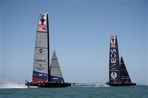 AUCKLAND, NEW ZEALAND - DECEMBER 17: INEOS Team UK, skippered by Ben Ainslie against New York Yacht Club American Magic, skippered by Terry Hutchinson in the second race of the day during the America's Cup World Series on Auckland Harbour on December 17, 2020 in Auckland, New Zealand. (Photo by Phil Walter/Getty Images)