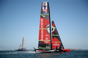AUCKLAND, NEW ZEALAND - DECEMBER 17: Emirates Team New Zealand skippered by Peter Burling race against New York Yacht Club American Magic, skippered by Terry Hutchinson in the fourth race of the America's Cup World Series on Auckland Harbour on December 17, 2020 in Auckland, New Zealand. (Photo by Phil Walter/Getty Images)