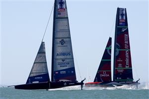 AUCKLAND, NEW ZEALAND - DECEMBER 17: Emirates Team New Zealand skippered by Peter Burling race against New York Yacht Club American Magic, skippered by Terry Hutchinson in the fourth race of the America's Cup World Series on Auckland Harbour on December 17, 2020 in Auckland, New Zealand. (Photo by Phil Walter/Getty Images)