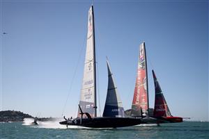 AUCKLAND, NEW ZEALAND - DECEMBER 17: Emirates Team New Zealand skippered by Peter Burling race against New York Yacht Club American Magic, skippered by Terry Hutchinson in the fourth race of the America's Cup World Series on Auckland Harbour on December 17, 2020 in Auckland, New Zealand. (Photo by Phil Walter/Getty Images)