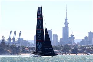 AUCKLAND, NEW ZEALAND - DECEMBER 17: INEOS Team UK, skippered by Ben Ainslie against New York Yacht Club American Magic, skippered by Terry Hutchinson in the second race of the day during the America's Cup World Series on Auckland Harbour on December 17, 2020 in Auckland, New Zealand. (Photo by Phil Walter/Getty Images)
