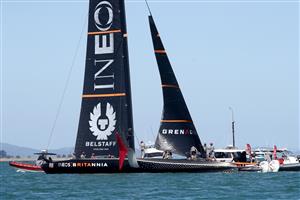 AUCKLAND, NEW ZEALAND - DECEMBER 17: INEOS Team UK, skippered by Ben Ainslie suffer a mechanical failure in the third race against Luna Rossa Prada Pirelli Team, skippered by Max Sirena during the America's Cup World Series on Auckland Harbour on December 17, 2020 in Auckland, New Zealand. (Photo by Phil Walter/Getty Images)