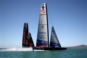 AUCKLAND, NEW ZEALAND - DECEMBER 17: Emirates Team New Zealand skippered by Peter Burling race against New York Yacht Club American Magic, skippered by Terry Hutchinson in the fourth race of the America's Cup World Series on Auckland Harbour on December 17, 2020 in Auckland, New Zealand. (Photo by Phil Walter/Getty Images)