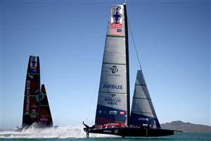 AUCKLAND, NEW ZEALAND - DECEMBER 17: Emirates Team New Zealand skippered by Peter Burling race against New York Yacht Club American Magic, skippered by Terry Hutchinson in the fourth race of the America's Cup World Series on Auckland Harbour on December 17, 2020 in Auckland, New Zealand. (Photo by Phil Walter/Getty Images)