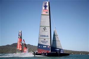AUCKLAND, NEW ZEALAND - DECEMBER 17: Emirates Team New Zealand skippered by Peter Burling race against New York Yacht Club American Magic, skippered by Terry Hutchinson in the fourth race of the America's Cup World Series on Auckland Harbour on December 17, 2020 in Auckland, New Zealand. (Photo by Phil Walter/Getty Images)