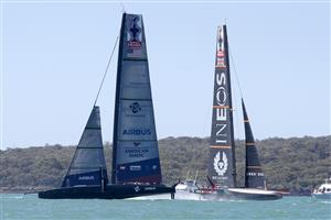 AUCKLAND, NEW ZEALAND - DECEMBER 17: INEOS Team UK, skippered by Ben Ainslie against New York Yacht Club American Magic, skippered by Terry Hutchinson in the second race of the day during the America's Cup World Series on Auckland Harbour on December 17, 2020 in Auckland, New Zealand. (Photo by Phil Walter/Getty Images)