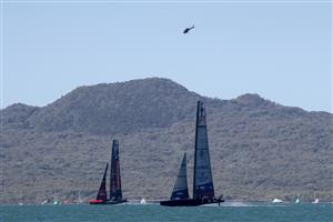AUCKLAND, NEW ZEALAND - DECEMBER 17: Emirates Team New Zealand skippered by Peter Burling race against New York Yacht Club American Magic, skippered by Terry Hutchinson in the fourth race of the America's Cup World Series on Auckland Harbour on December 17, 2020 in Auckland, New Zealand. (Photo by Phil Walter/Getty Images)