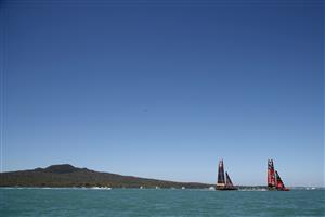 AUCKLAND, NEW ZEALAND - DECEMBER 17: Emirates Team New Zealand skippered by Peter Burling and Luna Rossa Prada Pirelli Team, skippered by Max Sirena contest the start in the first race of the America's Cup World Series on Auckland Harbour on December 17, 2020 in Auckland, New Zealand. (Photo by Phil Walter/Getty Images)