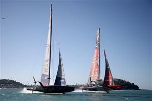 AUCKLAND, NEW ZEALAND - DECEMBER 17: Emirates Team New Zealand skippered by Peter Burling race against New York Yacht Club American Magic, skippered by Terry Hutchinson in the fourth race of the America's Cup World Series on Auckland Harbour on December 17, 2020 in Auckland, New Zealand. (Photo by Phil Walter/Getty Images)
