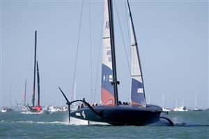 AUCKLAND, NEW ZEALAND - DECEMBER 17: Emirates Team New Zealand skippered by Peter Burling race against New York Yacht Club American Magic, skippered by Terry Hutchinson in the fourth race of the America's Cup World Series on Auckland Harbour on December 17, 2020 in Auckland, New Zealand. (Photo by Phil Walter/Getty Images)