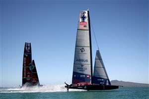 AUCKLAND, NEW ZEALAND - DECEMBER 17: Emirates Team New Zealand skippered by Peter Burling race against New York Yacht Club American Magic, skippered by Terry Hutchinson in the fourth race of the America's Cup World Series on Auckland Harbour on December 17, 2020 in Auckland, New Zealand. (Photo by Phil Walter/Getty Images)