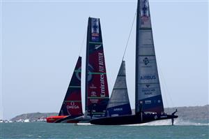 AUCKLAND, NEW ZEALAND - DECEMBER 17: Emirates Team New Zealand skippered by Peter Burling race against New York Yacht Club American Magic, skippered by Terry Hutchinson in the fourth race of the America's Cup World Series on Auckland Harbour on December 17, 2020 in Auckland, New Zealand. (Photo by Phil Walter/Getty Images)