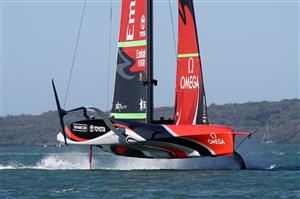 AUCKLAND, NEW ZEALAND - DECEMBER 17: Emirates Team New Zealand skippered by Peter Burling race against New York Yacht Club American Magic, skippered by Terry Hutchinson in the fourth race of the America's Cup World Series on Auckland Harbour on December 17, 2020 in Auckland, New Zealand. (Photo by Phil Walter/Getty Images)