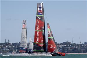 AUCKLAND, NEW ZEALAND - DECEMBER 17: Emirates Team New Zealand skippered by Peter Burling race against New York Yacht Club American Magic, skippered by Terry Hutchinson in the fourth race of the America's Cup World Series on Auckland Harbour on December 17, 2020 in Auckland, New Zealand. (Photo by Phil Walter/Getty Images)