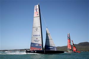 AUCKLAND, NEW ZEALAND - DECEMBER 17: Emirates Team New Zealand skippered by Peter Burling race against New York Yacht Club American Magic, skippered by Terry Hutchinson in the fourth race of the America's Cup World Series on Auckland Harbour on December 17, 2020 in Auckland, New Zealand. (Photo by Phil Walter/Getty Images)