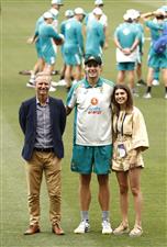 ADELAIDE, AUSTRALIA - DECEMBER 17: Cameron Green of Australia poses with his father Gary Green and girlfriend Emily Redwood after he received his Baggy Green Cap during day one of the First Test match between Australia and India at Adelaide Oval on December 17, 2020 in Adelaide, Australia. (Photo by Ryan Pierse/Getty Images)