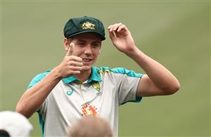 ADELAIDE, AUSTRALIA - DECEMBER 17: Cameron Green of Australia receives his Baggy Green Cap during day one of the First Test match between Australia and India at Adelaide Oval on December 17, 2020 in Adelaide, Australia. (Photo by Ryan Pierse/Getty Images)