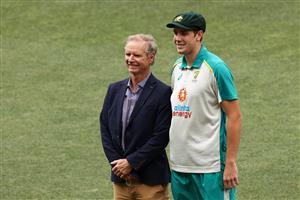 ADELAIDE, AUSTRALIA - DECEMBER 17: Cameron Green of Australia poses with his father after receiving his Test Cap on debut during day one of the First Test match between Australia and India at Adelaide Oval on December 17, 2020 in Adelaide, Australia. (Photo by Cameron Spencer/Getty Images)