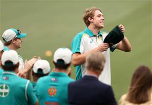 ADELAIDE, AUSTRALIA - DECEMBER 17: Cameron Green of Australia receives his Baggy Green Cap during day one of the First Test match between Australia and India at Adelaide Oval on December 17, 2020 in Adelaide, Australia. (Photo by Ryan Pierse/Getty Images)