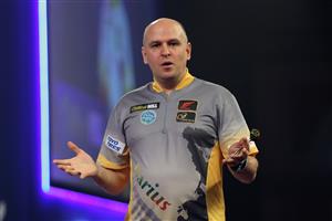 LONDON, ENGLAND - DECEMBER 18: Darius Labanauskas of Lithuania reacts during his first round match against Chengan Liu of China during day four of the PDC William Hill World Darts Championship at Alexandra Palace on December 18, 2020 in London, England. (Photo by Luke Walker/Getty Images)