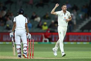 ADELAIDE, AUSTRALIA - DECEMBER 17: Josh Hazlewood of Australia celebrates taking the LBW wicket of Hanuma Vihari of India for 16 runs during day one of the First Test match between Australia and India at Adelaide Oval on December 17, 2020 in Adelaide, Australia. (Photo by Cameron Spencer/Getty Images)