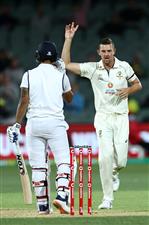 ADELAIDE, AUSTRALIA - DECEMBER 17: Josh Hazlewood of Australia celebrates taking the LBW wicket of Hanuma Vihari of India for 16 runs during day one of the First Test match between Australia and India at Adelaide Oval on December 17, 2020 in Adelaide, Australia. (Photo by Cameron Spencer/Getty Images)
