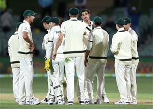 ADELAIDE, AUSTRALIA - DECEMBER 17: Mitchell Starc of Australia celebrates the wicket of Ajinkya Rahane of India for 42 runs during day one of the First Test match between Australia and India at Adelaide Oval on December 17, 2020 in Adelaide, Australia. (Photo by Ryan Pierse/Getty Images)