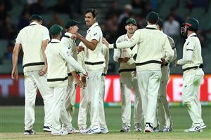 ADELAIDE, AUSTRALIA - DECEMBER 17: Mitchell Starc of Australia celebrates the wicket of Ajinkya Rahane of India for 42 runs during day one of the First Test match between Australia and India at Adelaide Oval on December 17, 2020 in Adelaide, Australia. (Photo by Cameron Spencer/Getty Images)