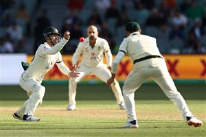 ADELAIDE, AUSTRALIA - DECEMBER 17: Matthew Wade of Australia attempts a catch off the bowling of Nathan Lyon of Australia during day one of the First Test match between Australia and India at Adelaide Oval on December 17, 2020 in Adelaide, Australia. (Photo by Cameron Spencer/Getty Images)
