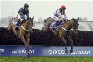 ASCOT, ENGLAND - DECEMBER 18: Nico de Boinville riding Allart (R) clear the last to win The Sky Bet Noel Novices' Chase from Robbie Power and Fiddlerontheroof (L) at Ascot Racecourse on December 18, 2020 in Ascot, England. Owners are allowed to attend if they have a runner at the meeting otherwise racing remains behind closed doors to the public due to the Coronavirus pandemic. (Photo by Alan Crowhurst/Getty Images)