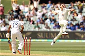 ADELAIDE, AUSTRALIA - DECEMBER 17: Pat Cummins of Australia celebrates taking the wicket of Mayank Agarwal of India for 17 runs during day one of the First Test match between Australia and India at Adelaide Oval on December 17, 2020 in Adelaide, Australia. (Photo by Ryan Pierse/Getty Images)